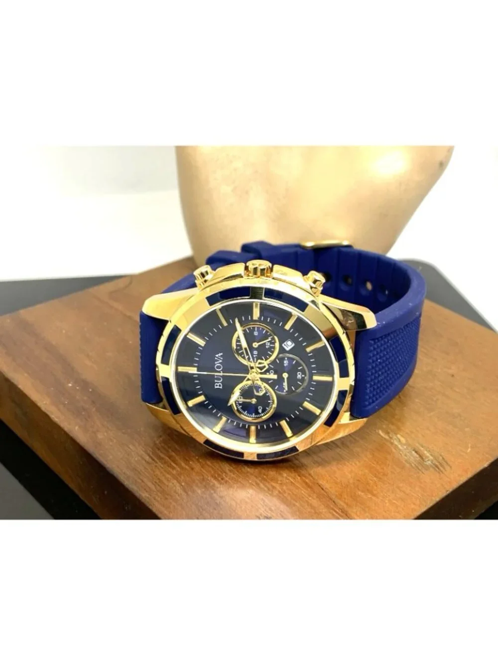 Bulova Men's Watch 97B222 Quartz Chronograph Gold Blue Dial Rubber Strap 44mm
